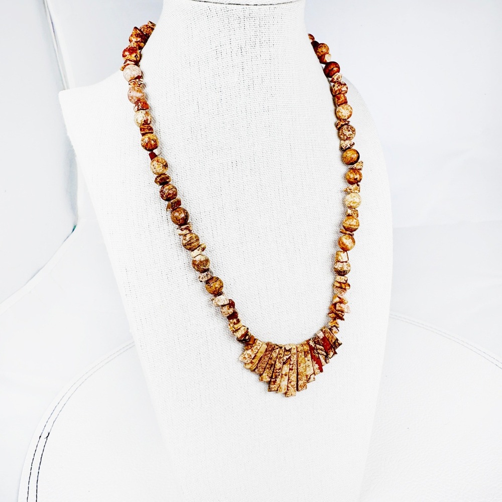 Handmade‎ Jasper Bead Necklace Fan Bib Toggle Clasp 16" Earth Tone Natural